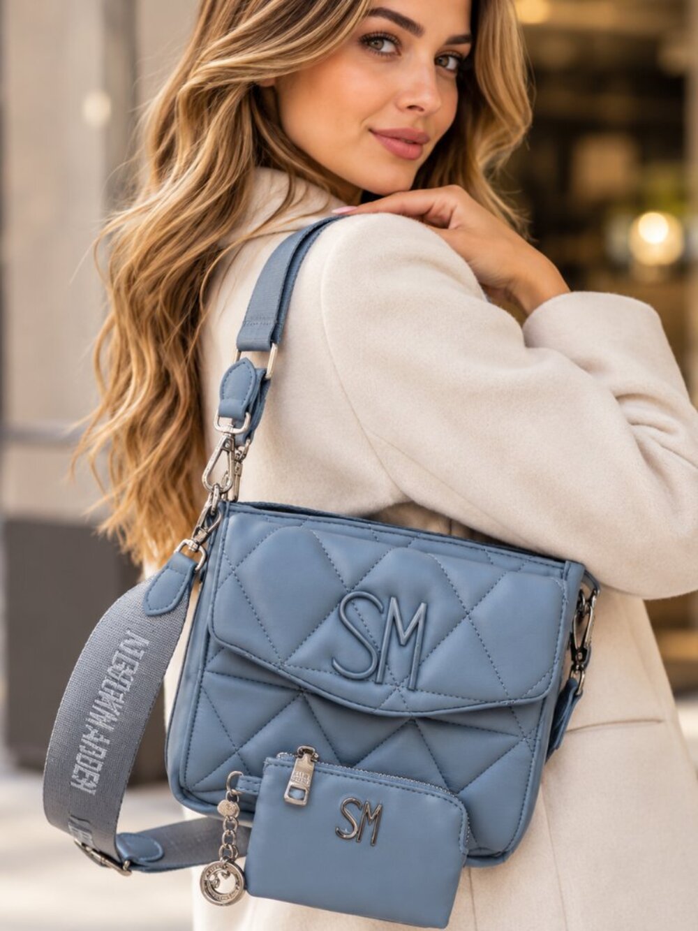 Steve Madden Quilted Blue Crossbody Bag with Matching Coin Pouch & Logo Strap